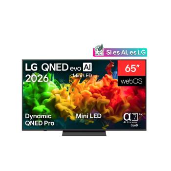 The front view of the LG QNED evo AI QNED85 Mini LED, released in 2026, displays vivid, fluid bursts of dense clouds of color on screen, featuring Dynamic QNED Color Pro, Mini LED, an α8 AI Processor 4K Gen3, webOS, and a 100-inch display.
